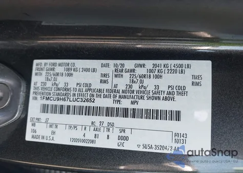 2020 Ford Escape Sel из США, поврежденный, VIN 1FMCU9H67LUC32652